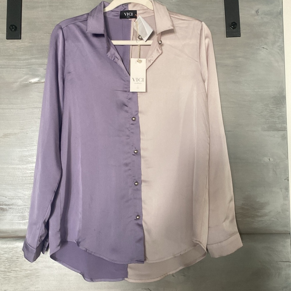 Vici Color Block (Lavender/Lilac) Satin Shirt. Beautiful Button Detail.